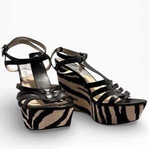 MICHEAL KORS ZEBRA Print Black & Cream Strappy Wedge Platform Sandals NEW Sz. 10